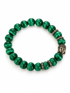 Green Banded Bead Buddha Stretch Bracelet Silver Tone Boho Zen